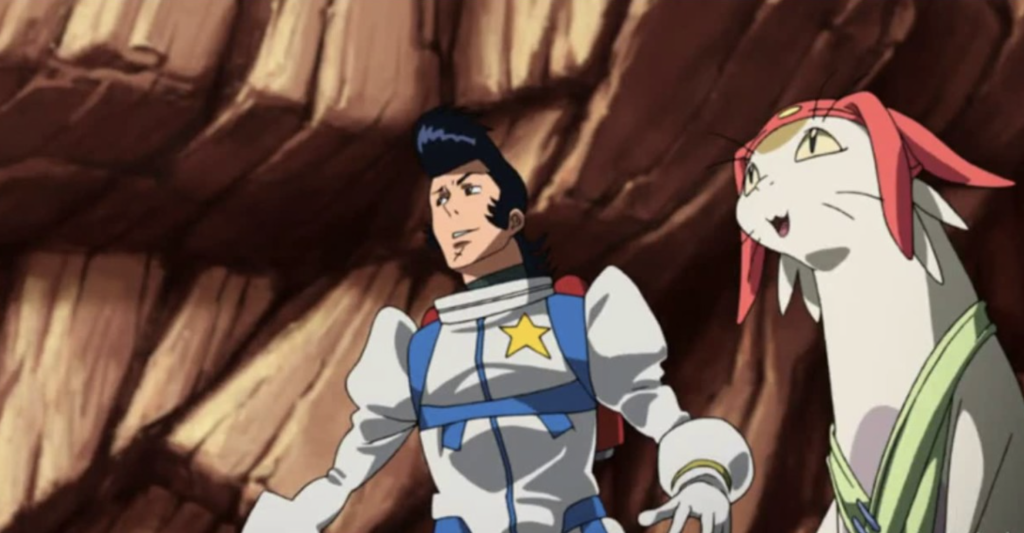 dandy standing beside meow from space dandy