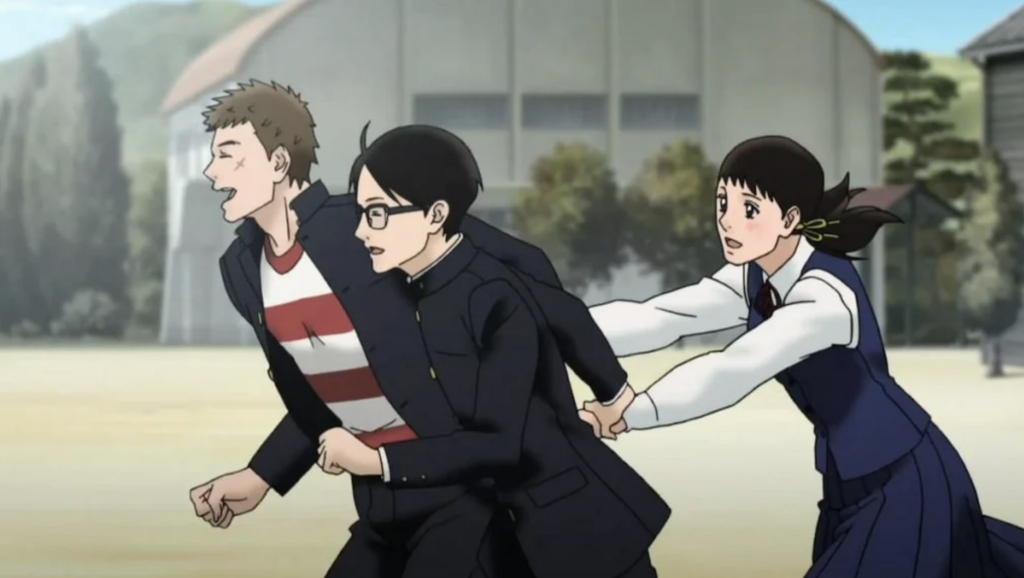 a still of Sentarou and Ritsuko running with a female friend of theres from Kids on the Slope