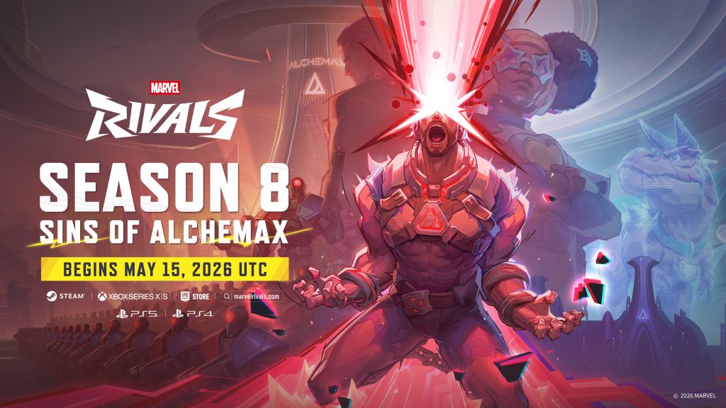 Official poster for Marvel Rivals Season 8 featuring heroes Cyclops, Moon Girl, and Devil Dinosaur.