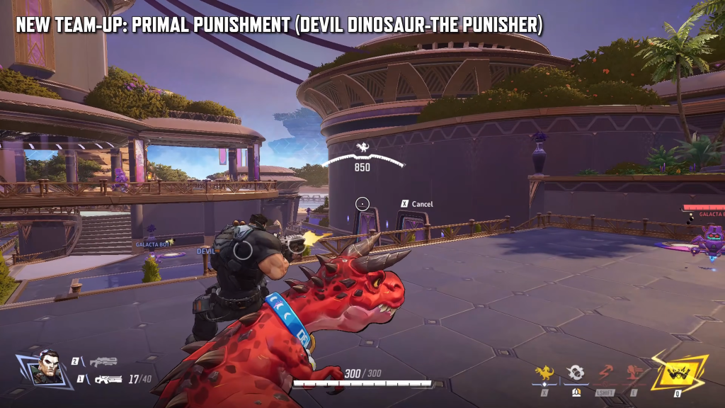 Marvel Rivals gameplay screenshot showing The Punisher riding Devil Dinosaur using a new team-up ability between the two playable heroes.