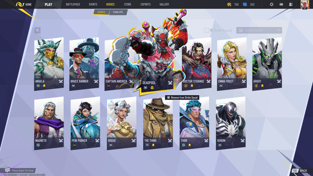 Marvel Rivals in-game screenshot showing the Vanguard heroes lineup.