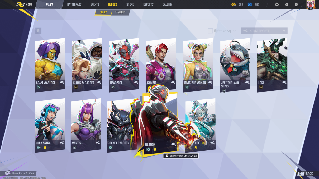 Marvel Rivals in-game screenshot showing the Strategist heroes lineup.