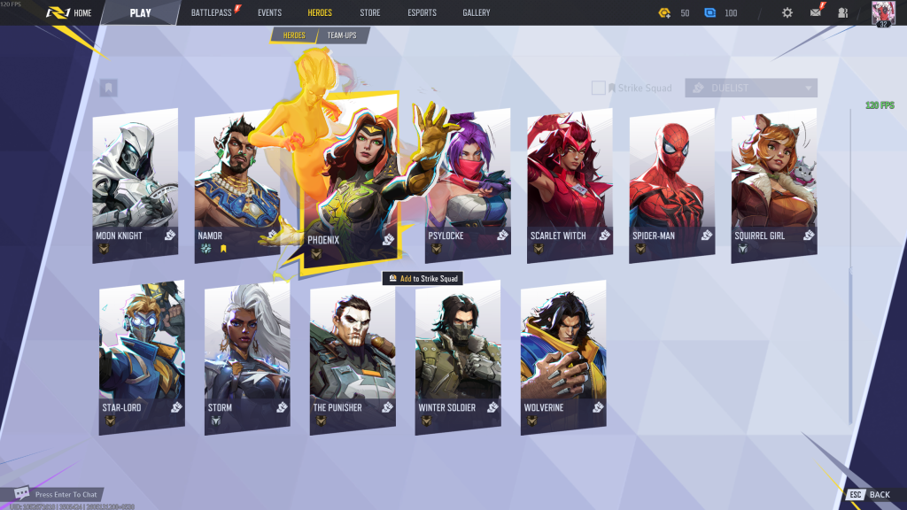 Marvel Rivals in-game screenshot showing the Duelist heroes lineup.