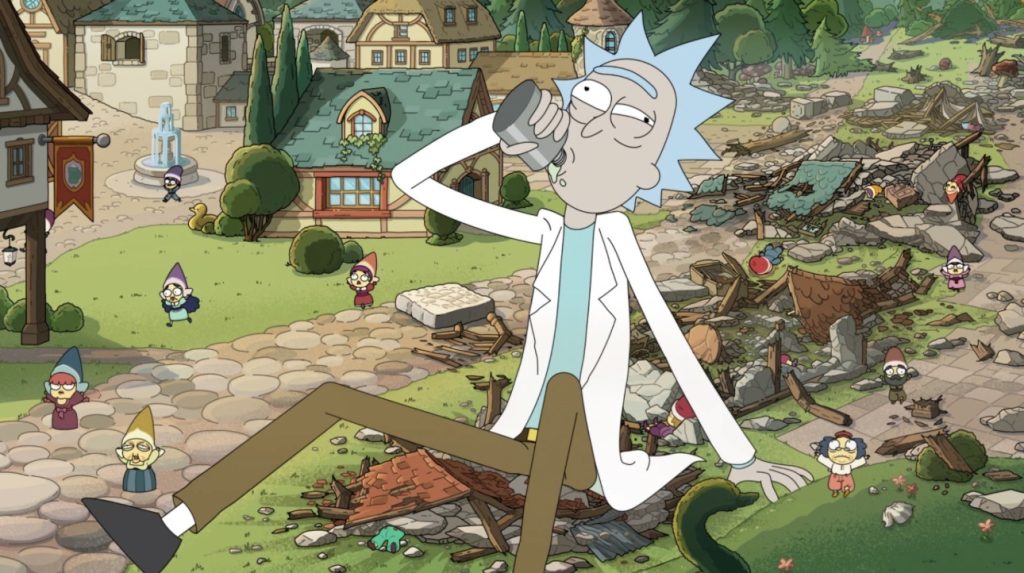 Rick drinking out of his flask on top of a miniature village in Rick and Morty Season 9
