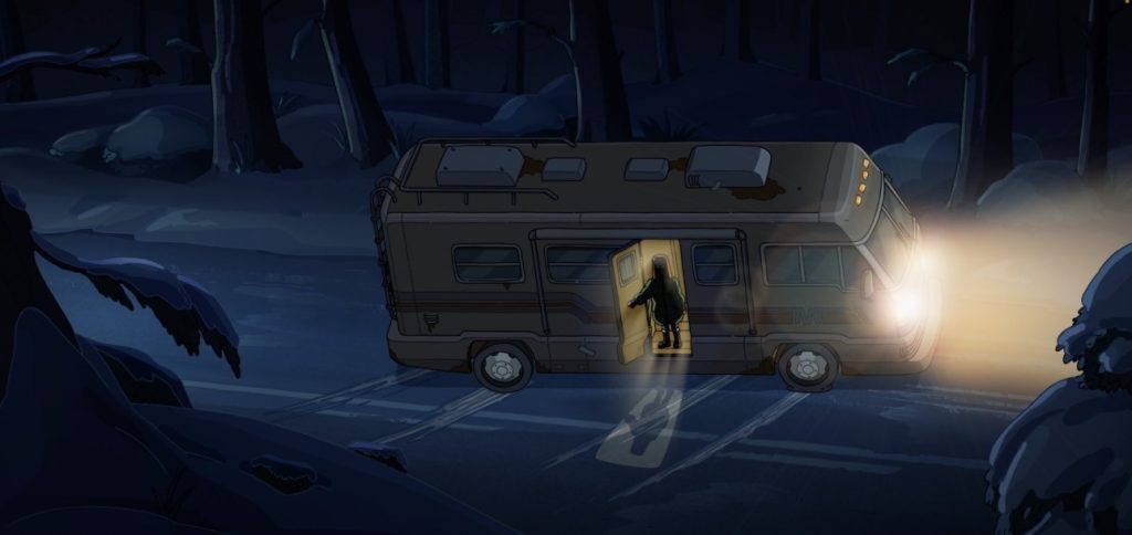 A still from Rick and Morty Season 9 featuring a hooded figure walking out of an RV