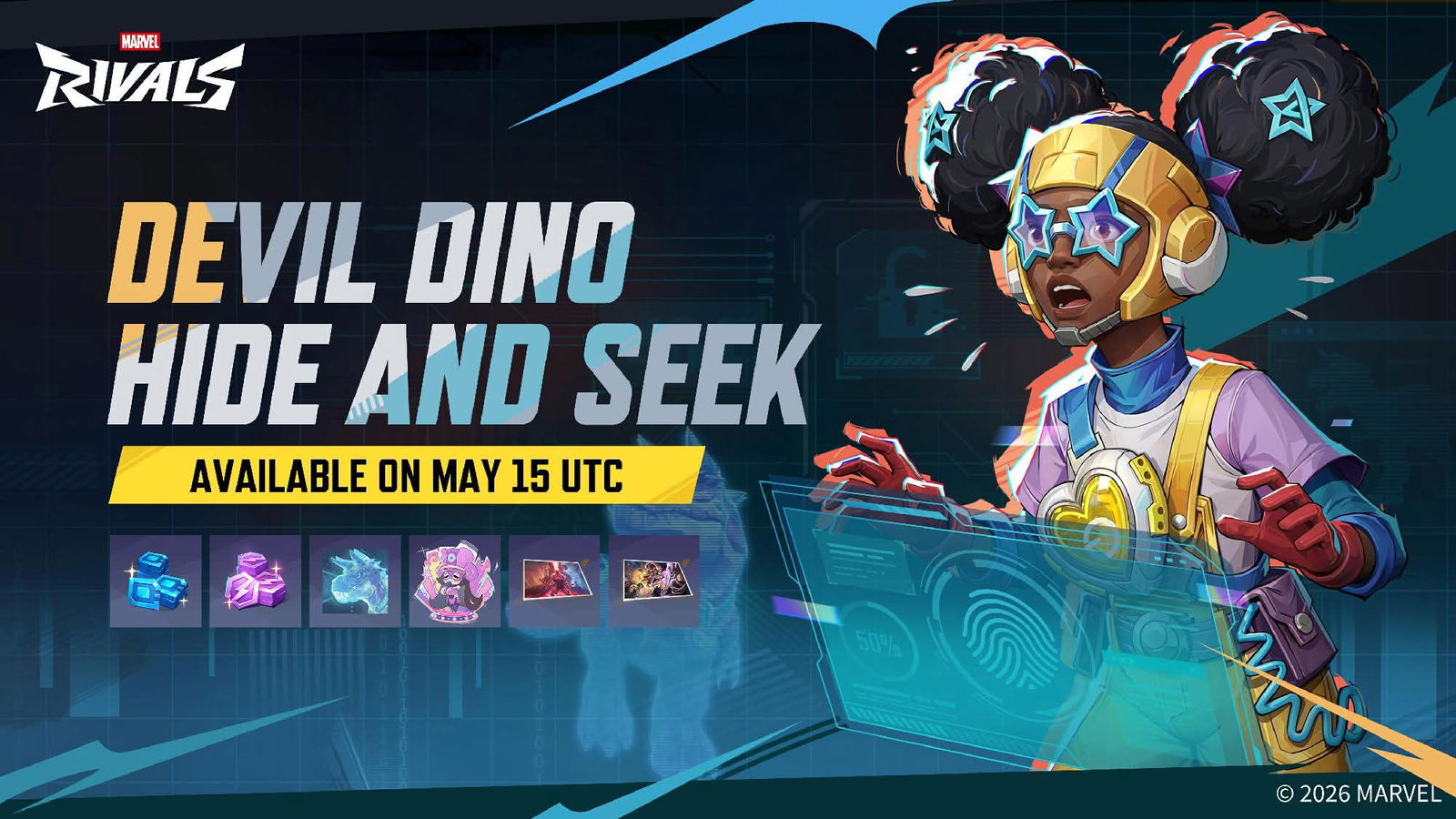 Official Marvel Rivals artwork for the Devil Dino and Hide and Seek event, featuring Moon Girl.