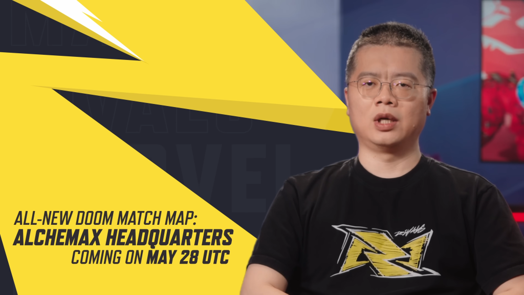A scene from the Marvel Rivals Season 8 Dev Vision video, featuring creative director Guangyun Chen announcing the Alchemax Headquarters map.