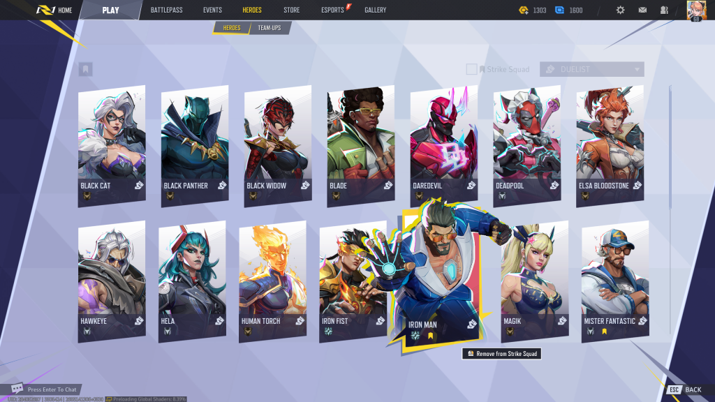An in-game screenshot of the Heroes menu of Marvel Rivals featuring Iron Man.
