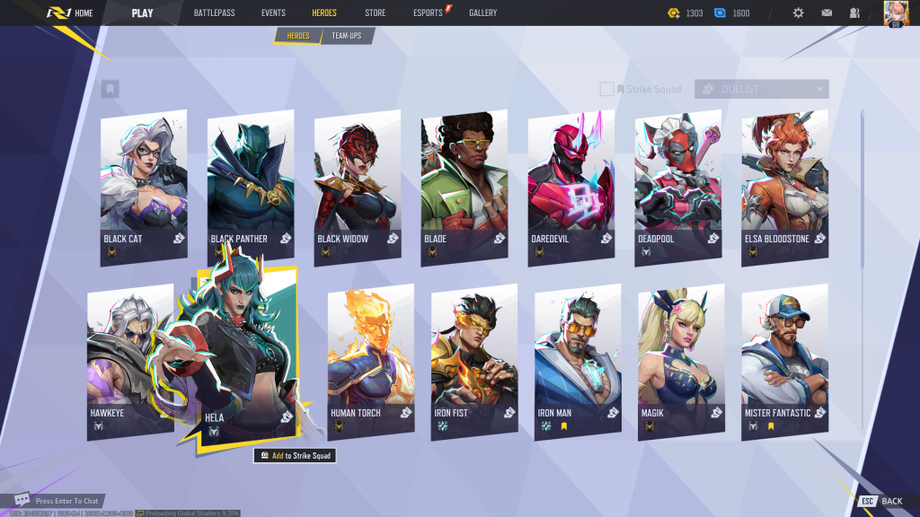 An in-game screenshot of the Heroes menu of Marvel Rivals featuring Hela.