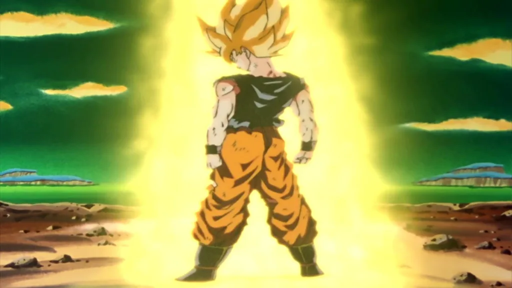 Goku's iconic Super Saiyan transformation in the episode Transformed at last from Dragon Ball series. 