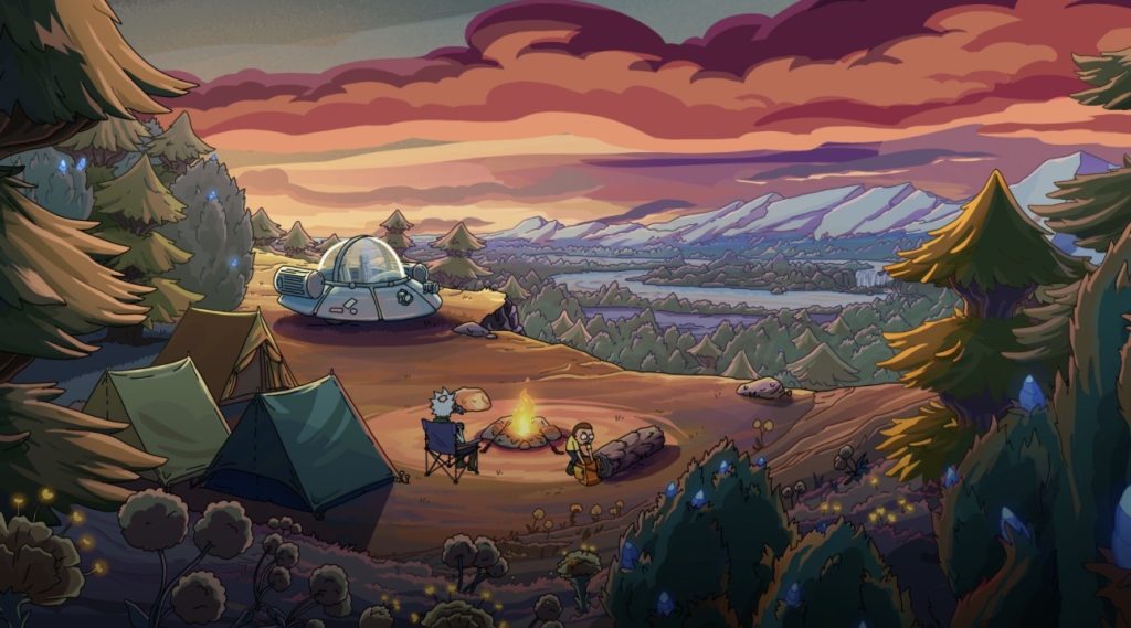 A wide shot of Rick and Morty sitting by a campfire in Rick and Morty Season 9.