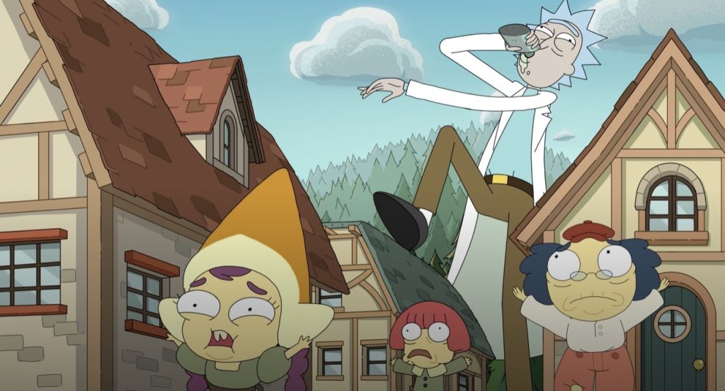 Rick trampling an elf village in Rick and Morty Season 9