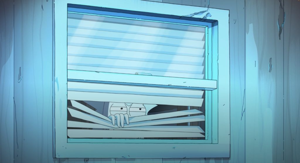 Rick peering out a window in Rick and Morty Season 9