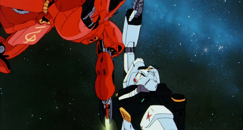 Char is piloting the red MSN-04 Sazabi, while Amuro is piloting the white RX-93 v Gundam. 