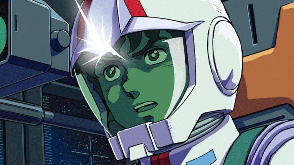 Amuro Ray wearing his signature Earth Federation pilot helmet while inside a mobile suit cockpit.