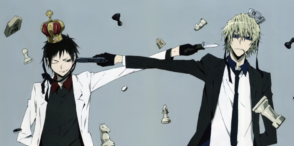 a still image of shizou and izaya holding guns at each other heads from Durarara!! official trailer