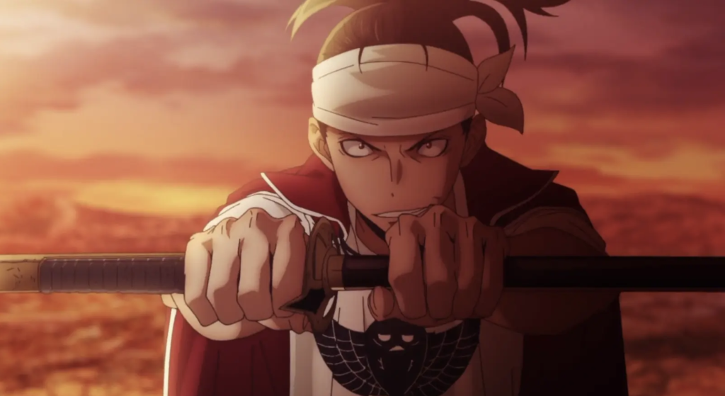 a close up image of soujirou holding his katana in front of him from ishura anime