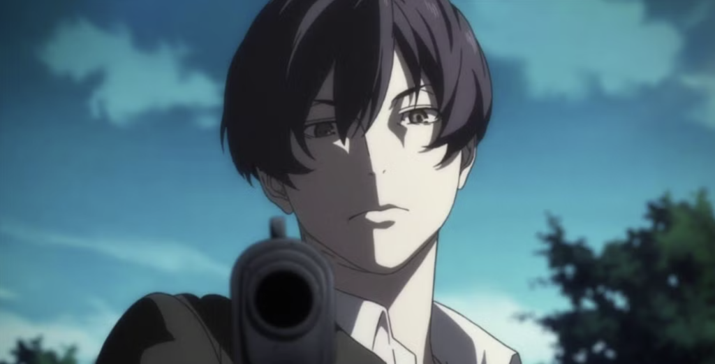 a close up image still of angelo pointing a gun in 91 days anime