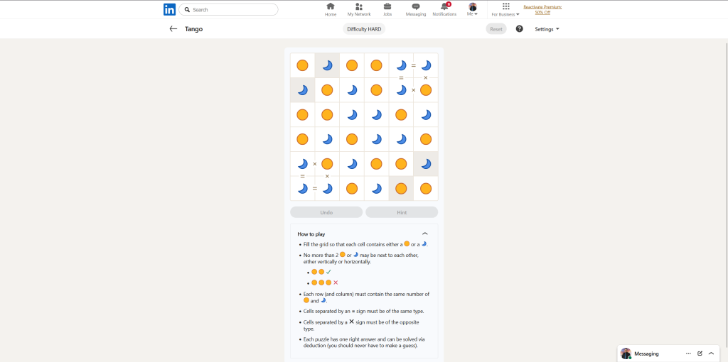 A screenshot of the daily LinkedIn Games puzzle.