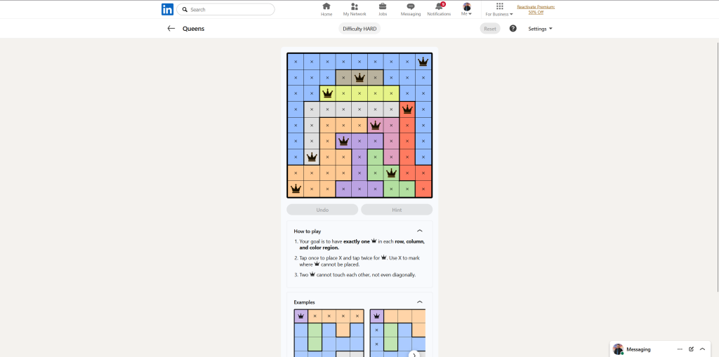 A screenshot of the daily LinkedIn Games puzzle.