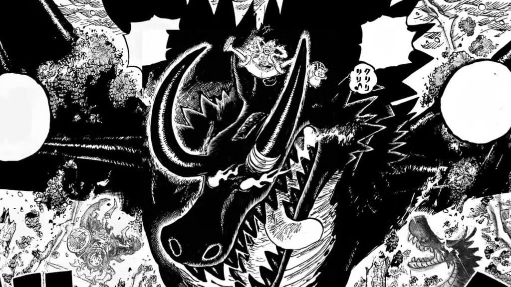 Luffy, in his Giant Mode, is seen riding atop Loki's dragon form to rescue Elbaf giant children.