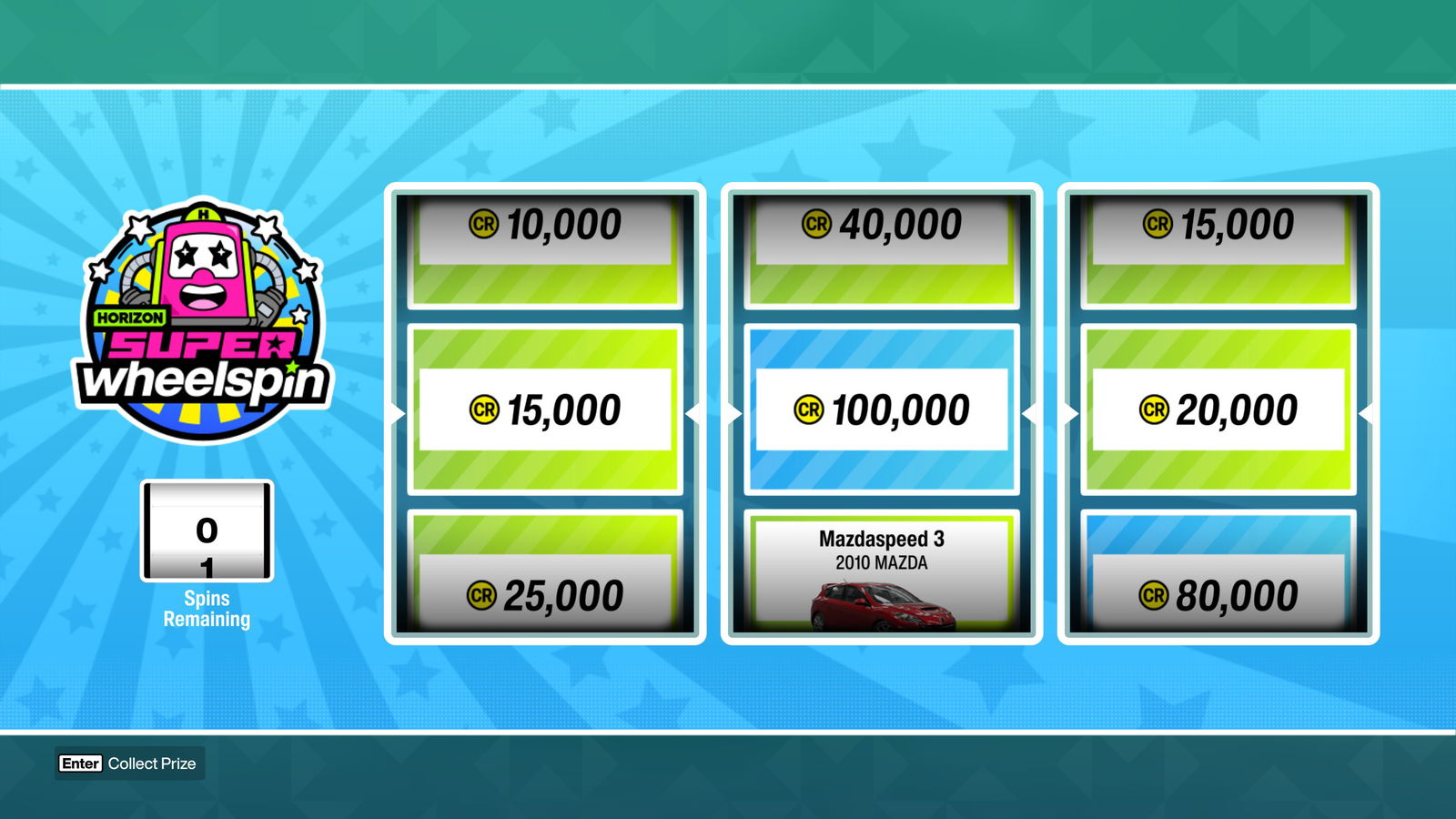 Forza Horizon 6 screenshot showing a player winning 15,000, 100,000, and 20,000 Credits in a row from a single Super Wheelspin.