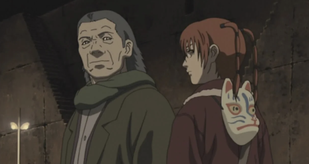 a still image of ran standing with an old man with long gray hair in Texhnolyze anime
