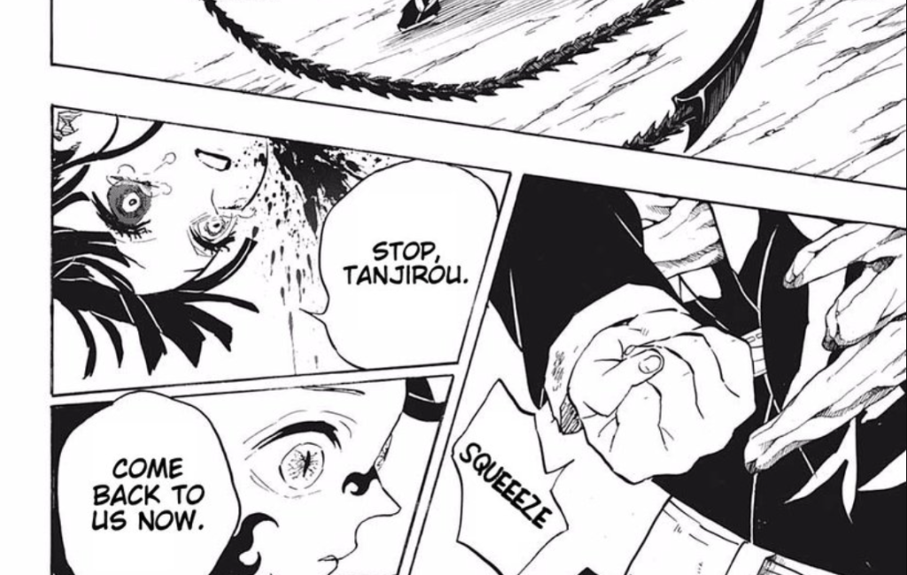 a manga panel showing kanao fighting and stopping tanjiro from transforming into a demon in demon slayer infinity castle final arc