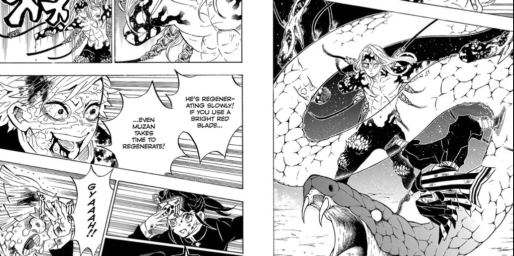 a manga panel of kanao fighting with muzan in demon slayer infinity castle final arc, also known as the sunrise arc