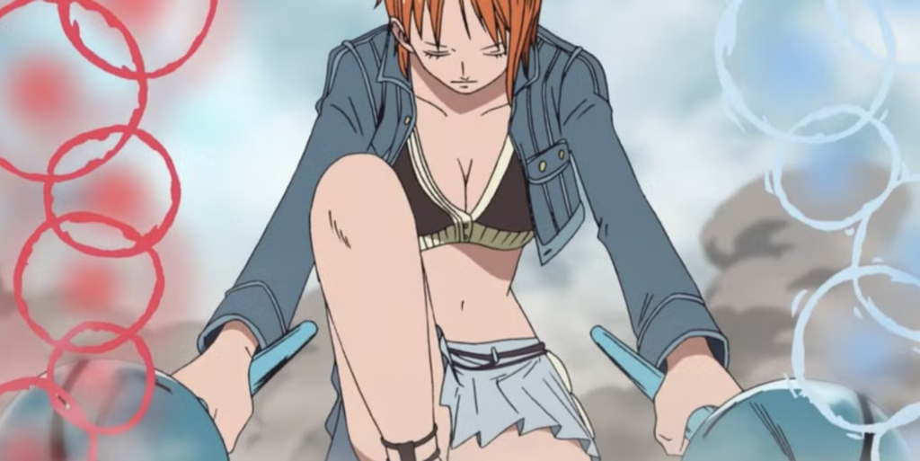 a still image of nami wearing Pleated Skirt and Denim Jacket with a buttoned crop top in one piece