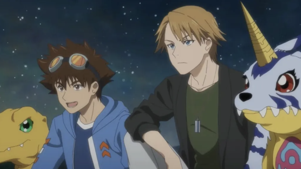 How to Watch Digimon in Order (2026 Complete Watch Order Guide) 6 a still image of 22-year-old taichi and yamato sitting beside one another with their respective digimons