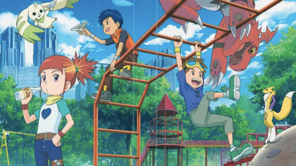 How to Watch Digimon in Order (2026 Complete Watch Order Guide) 7 a still image shows takato hanging on monkey bars and playing with his digimon as kazu and kenta give him company with their digimons