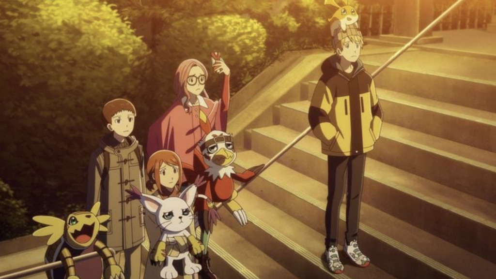 How to Watch Digimon in Order (2026 Complete Watch Order Guide) 9 the image shows davis standing with his friends and digimons on a public stairs in digimon adventure 02 the beginning
