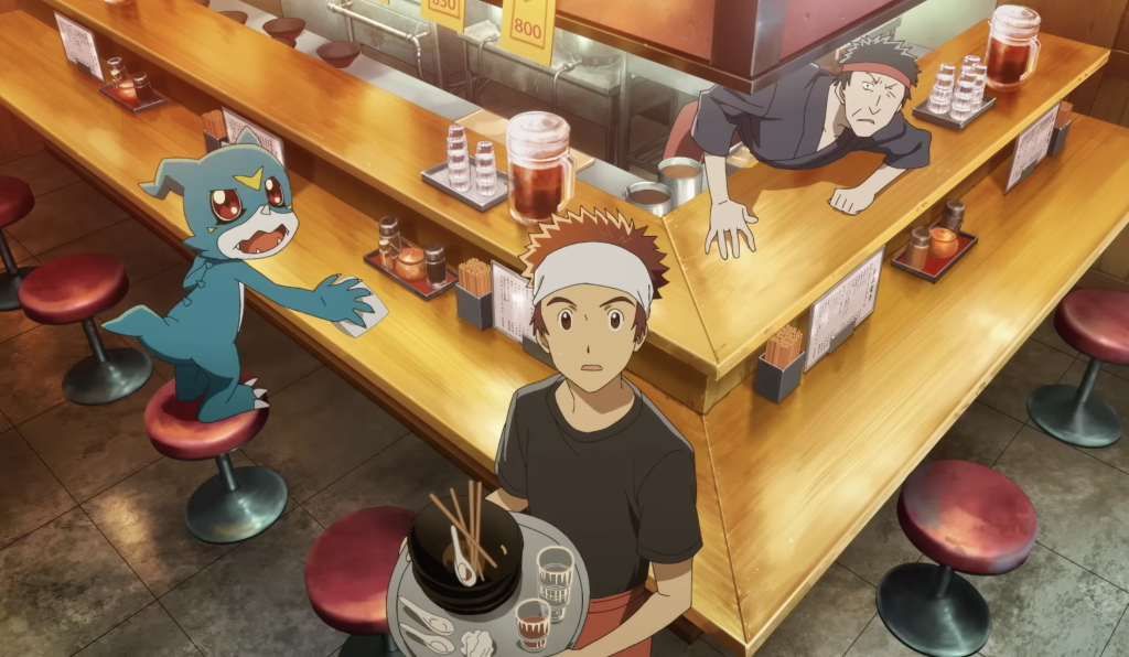 How to Watch Digimon in Order (2026 Complete Watch Order Guide) 10 the image shows davis and veemon watching something as they were working at a bar in digimon adventure 02 the beginning