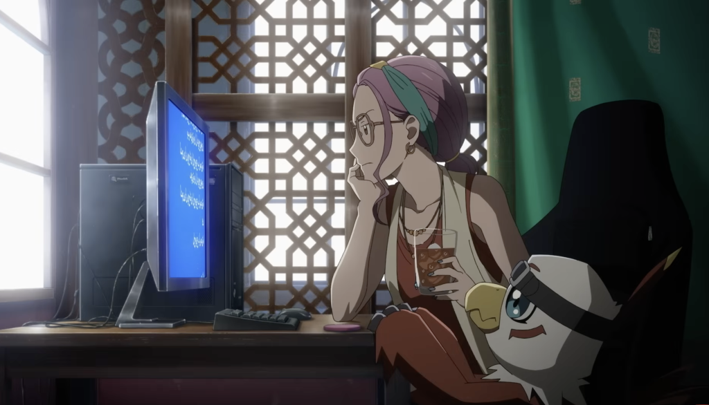 How to Watch Digimon in Order (2026 Complete Watch Order Guide) 11 the image shows yolei and hawkmon sitting in front of the computer watching something in digimon adventure 02 the beginning