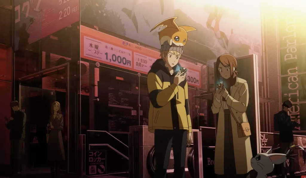 How to Watch Digimon in Order (2026 Complete Watch Order Guide) 12 the image shows takaishi watching something on his phone as patamon sits on his head in digimon adventure 02