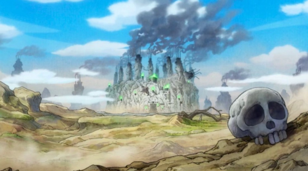Udon is characterized by a desolate landscape of ruined rock pillars and wilderness, largely devoid of vegetation due to industrial activity.