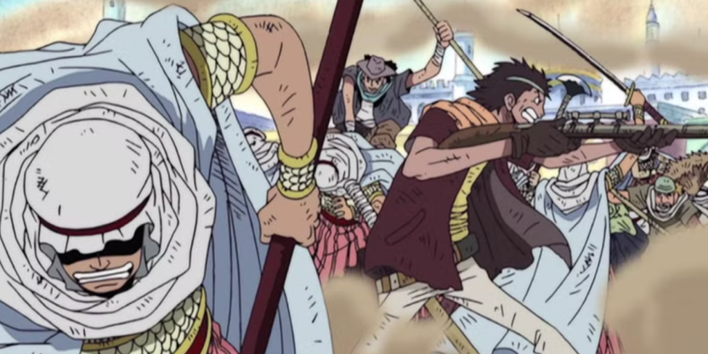 A still from the Alabasta Arc of the anime One Piece. 