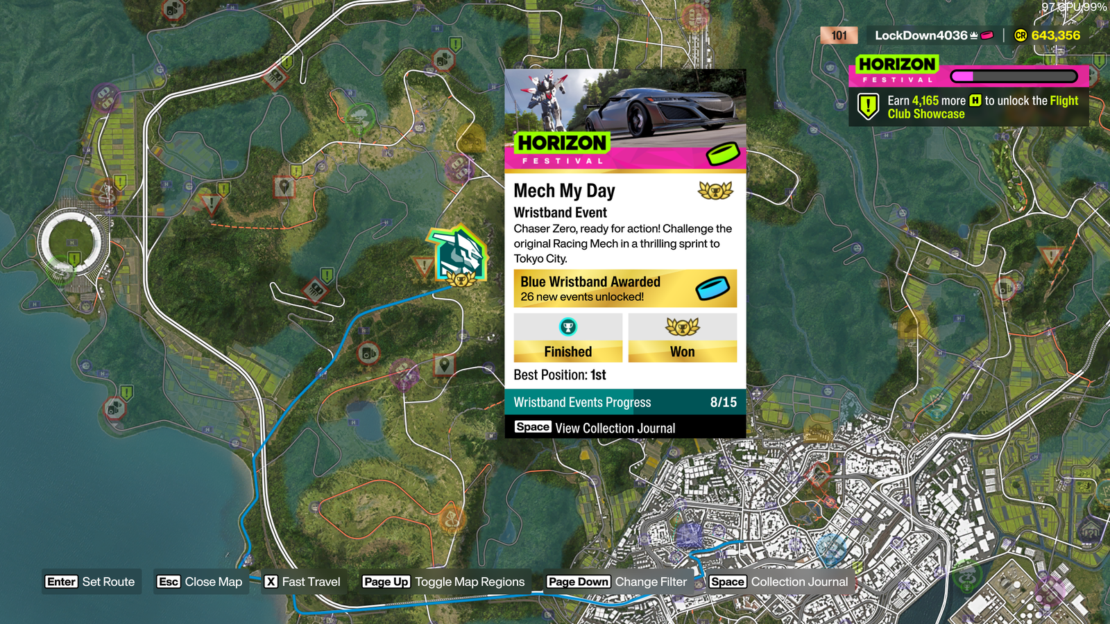 Forza Horizon in-game screenshot showing the "Mech My Day" wristband event on the World Map. 