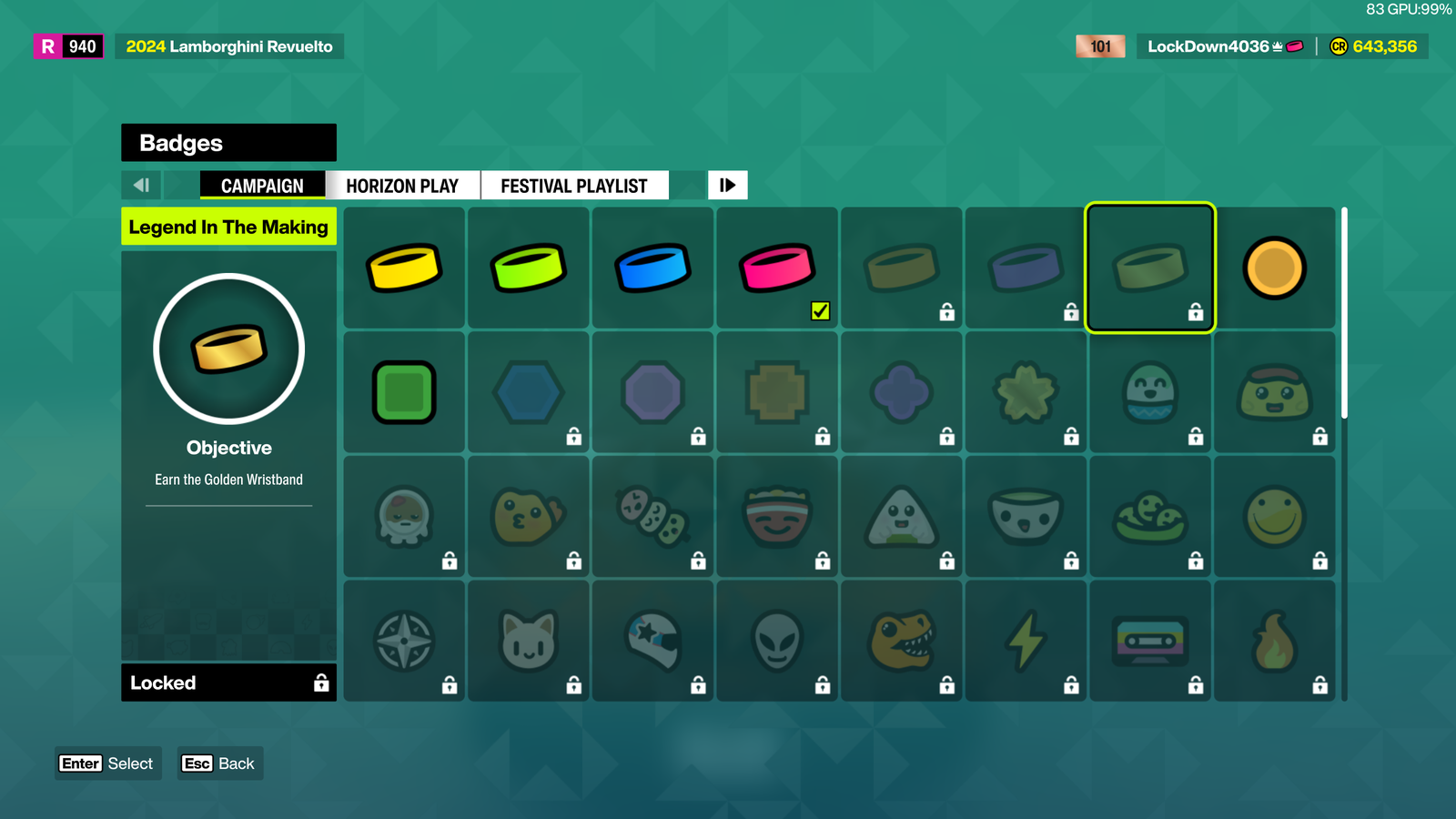 A screenshot showcasing the different Wristband-related badges that can be acquired in Forza Horizon 6. 