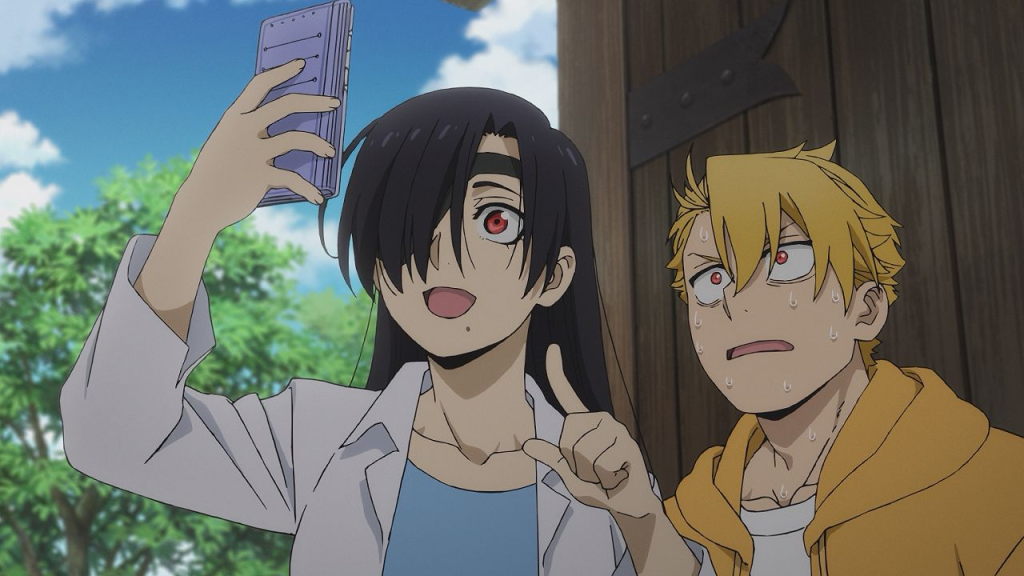 Asa and Yuru taking selfie in Daemons of the Shadow Realm Episode 8.