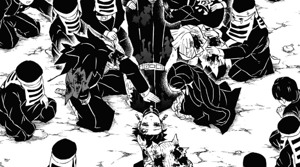 Tanjiro wakes up after turning back into human in demon slayer manga