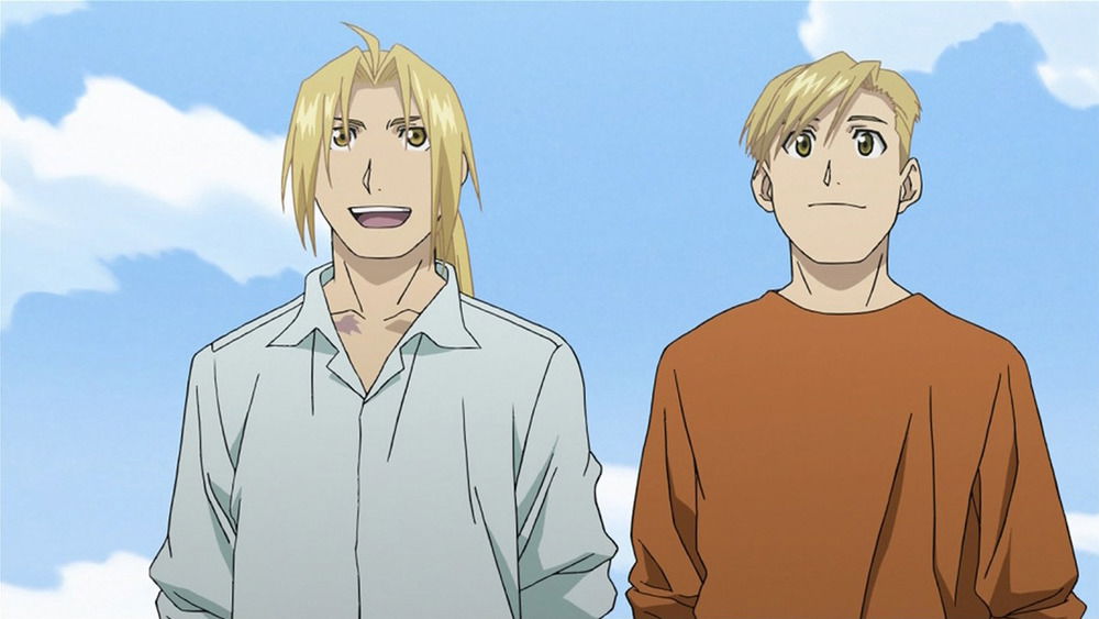 Edward and Alphonse at the end of fullmetal alchemist brotherhood anime