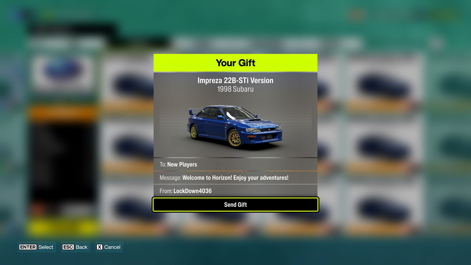 Forza Horizon 6 screenshot showing the final confirmation prompt for the Gift Drop feature.