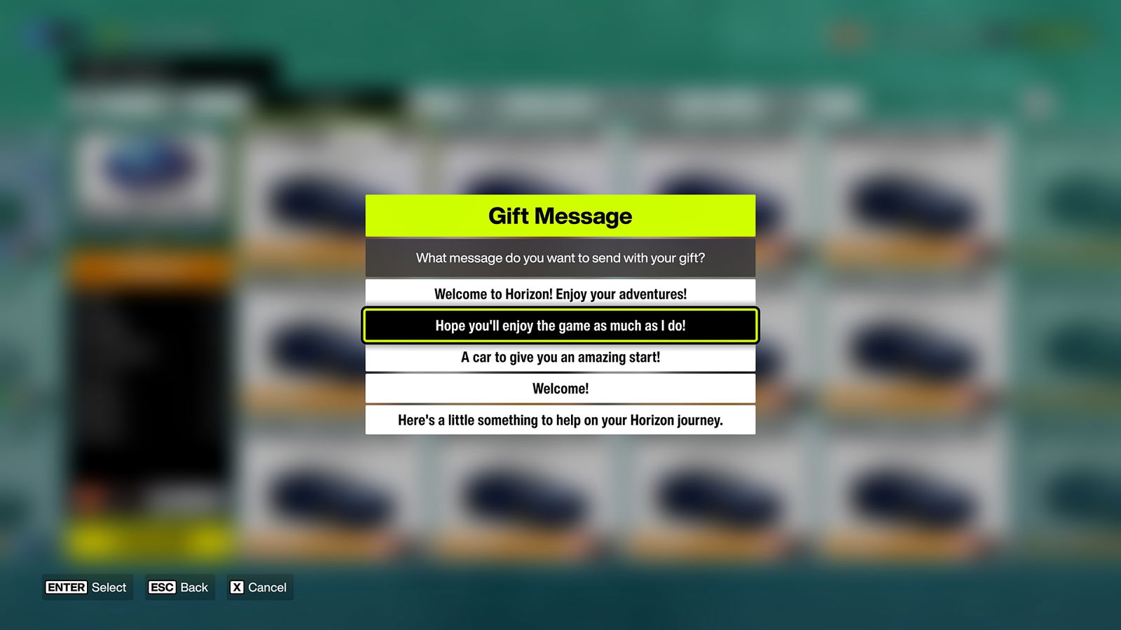 Forza Horizon 6 screenshot showing the "Gift Message" prompt, asking the user to select the message that'd appear with their car gift.
