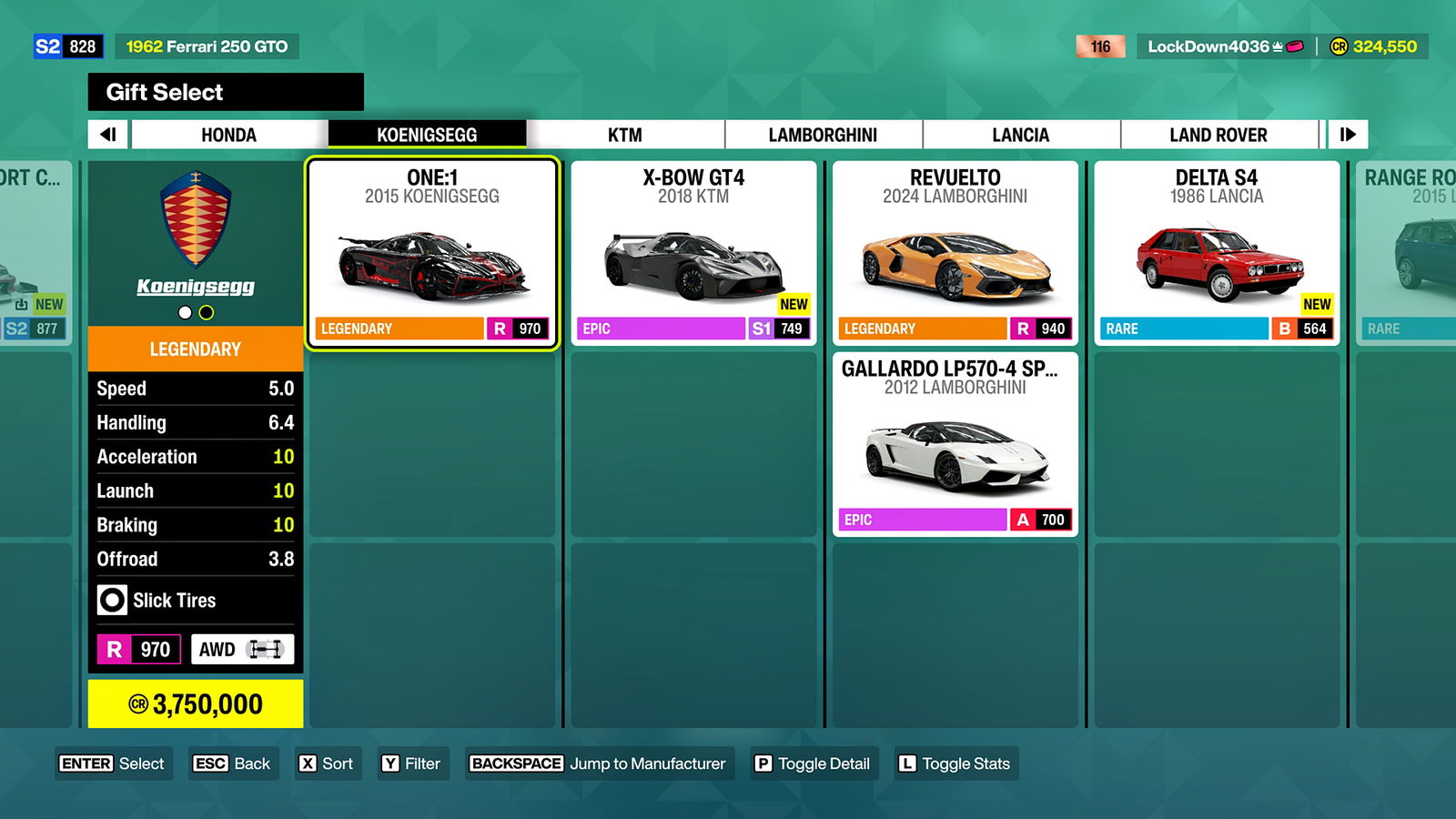 Forza Horizon 6 screenshot showcasing the "Gift Select" menu, allowing the player to select any car from their garage that they want to gift.