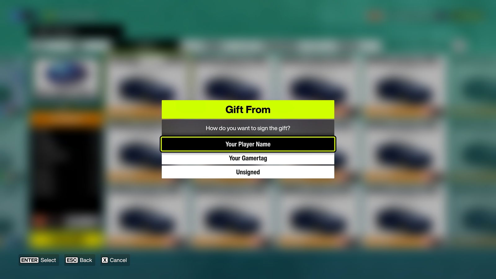 Forza Horizon 6 screenshot showing the "Gift From" prompt, asking the user to select the signature on the gift.