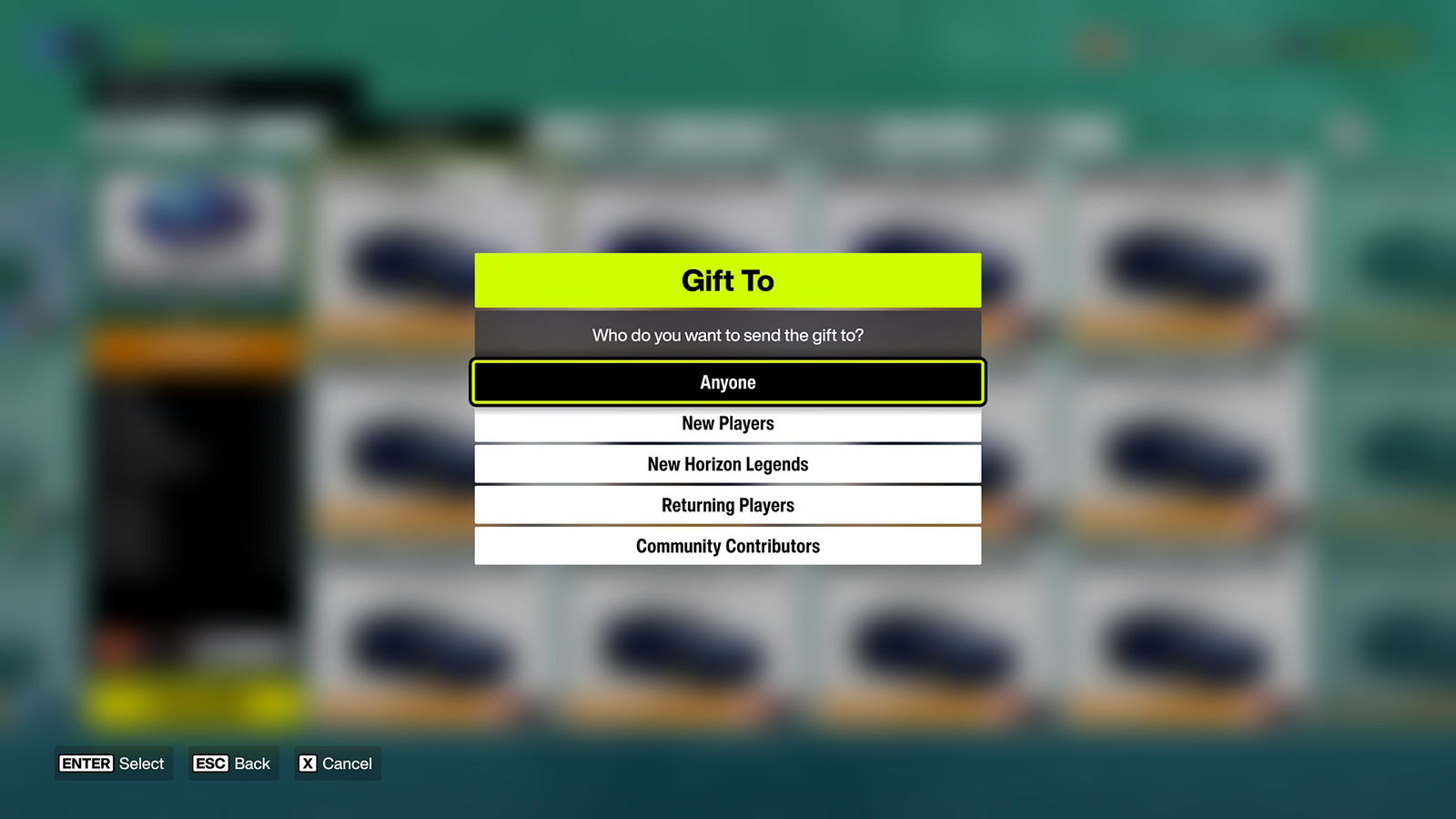Forza Horizon 6 screenshot showing the "Gift To" prompt, asking the user to select which category of player they want to gift their selected car to. 