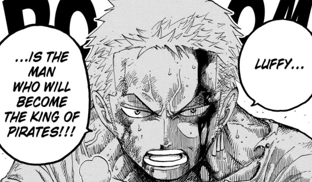 Roronoa Zoro with his both eyes opened in One Piece manga. 