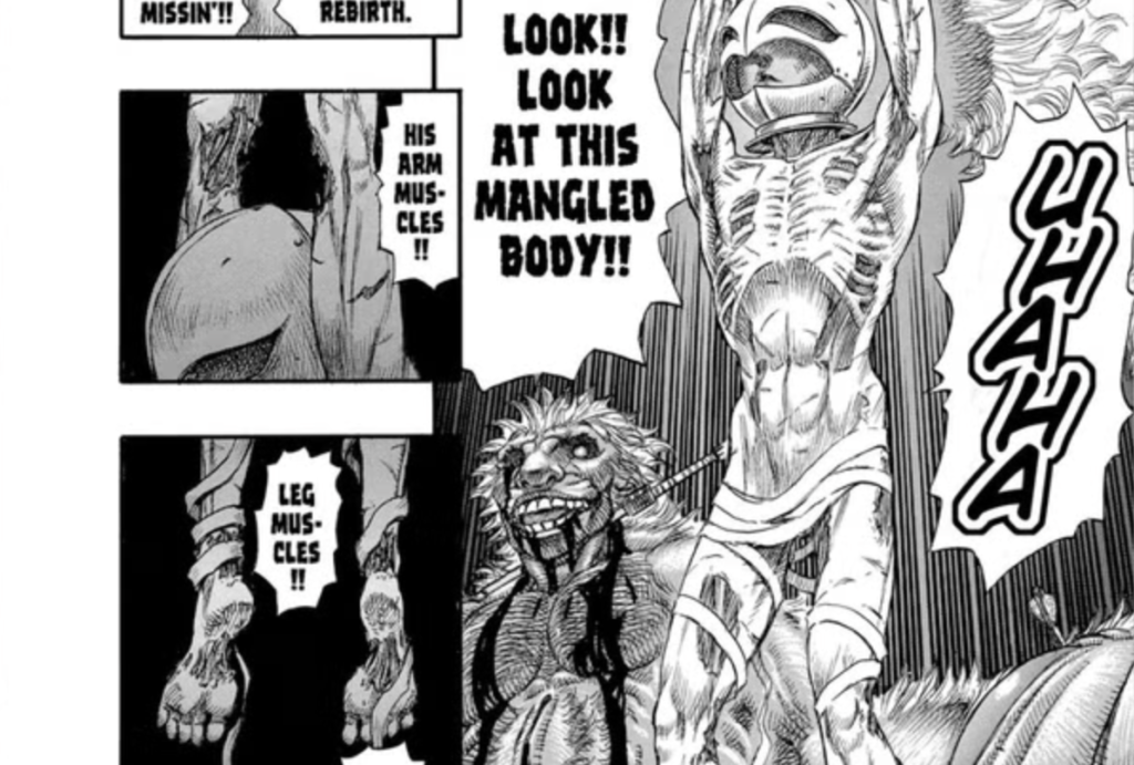 the manga panel is from berserk chapter 68 where the apostle wyald exposes the severely mutilated body of Griffith to the Band of the Hawk to break their hope and hasten Griffith into summoning the God Hand